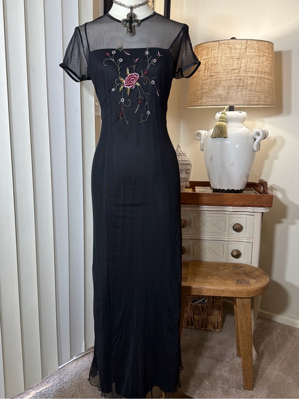 Jalate Black Mesh-Top Maxi Dress with Rose Embroidery